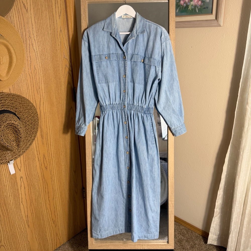 Vintage Norm Thompson Denim‎ Shirt Dress Light Wash Blue Elastic Waist Midi 12